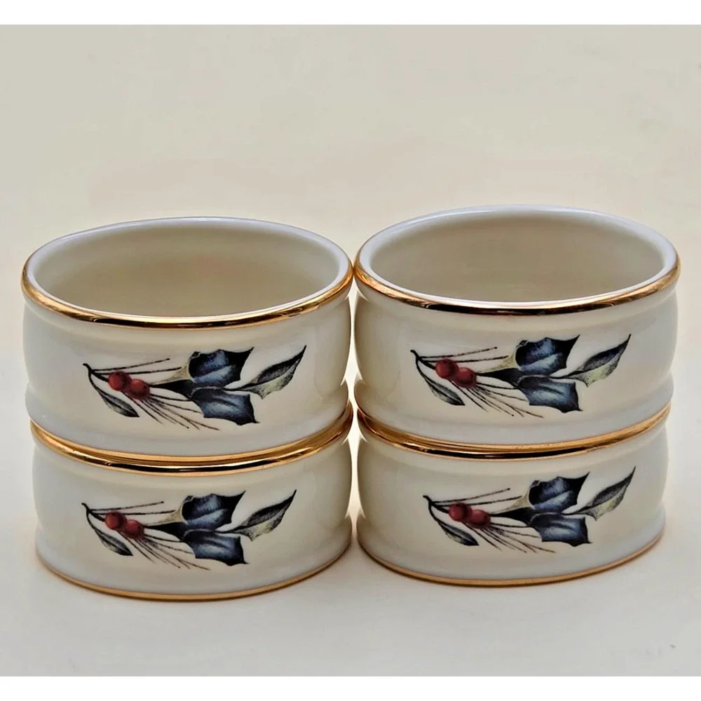 Lenox Winter Greetings Napkin Ring Set of 4 Ivory Porcelain Holly Berry Gold Rim
